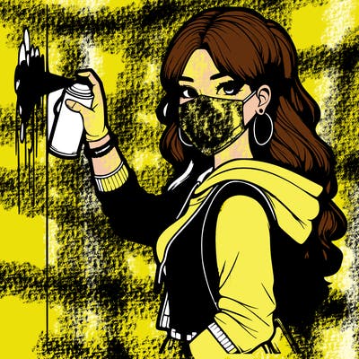 realistic girl with mask spray painting a wall