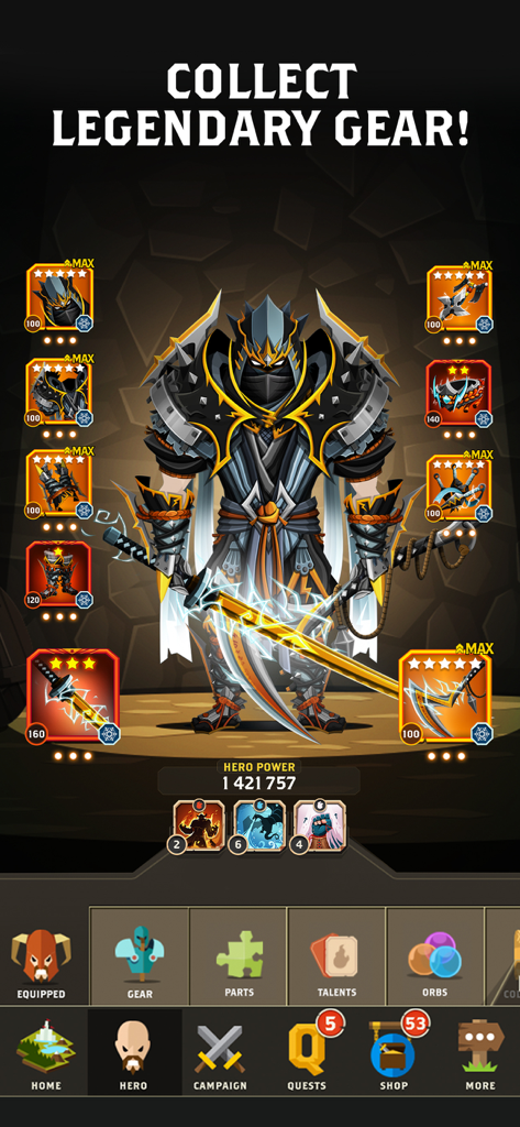 Questland: Turn Based RPG - A hero character in Questland RPG equipped with a full set of legendary gear and high power score