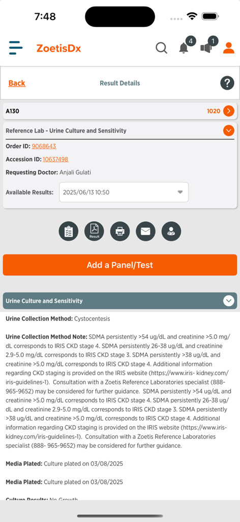ZoetisDx - Detailed view of veterinary urine culture and sensitivity results on the ZoetisDx mobile app.