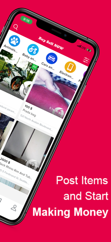 Buy Sell Now - Sell it, Letgo - Buy Sell Nowアプリのスクリーンショット。地域の中古品情報と商品カテゴリが表示されている。