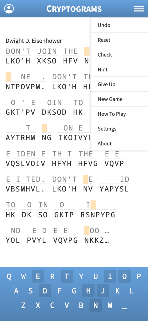 Cryptogram · Cryptoquote Game - Gameplay screen of the Cryptogram app featuring a quote by Dwight D. Eisenhower and an open settings menu.