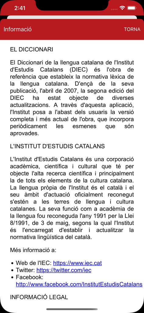 DIEC2 - The information screen of the DIEC2 app providing details about the Catalan language dictionary and the Institut d Estudis Catalans.