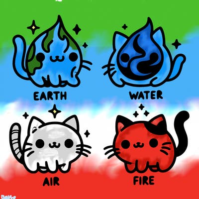 4 cats that represent the different elements, earth, water, air, and fire