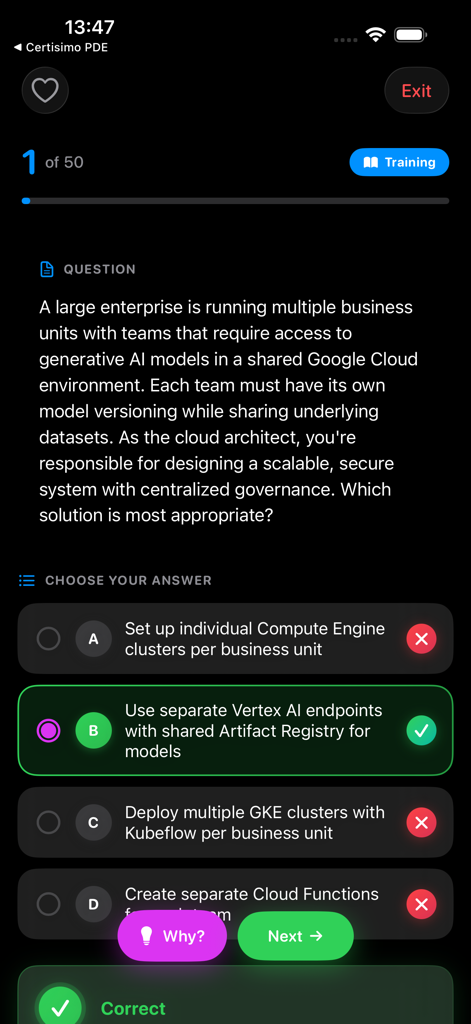 Certisimo PCA - A multiple choice practice question in Certisimo PCA training mode for the GCP Professional Cloud Architect exam.