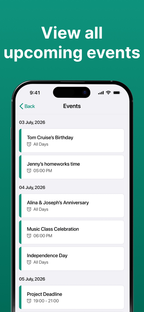 A mobile screen showing a list of upcoming personal and work events in the Calendar 2026 app