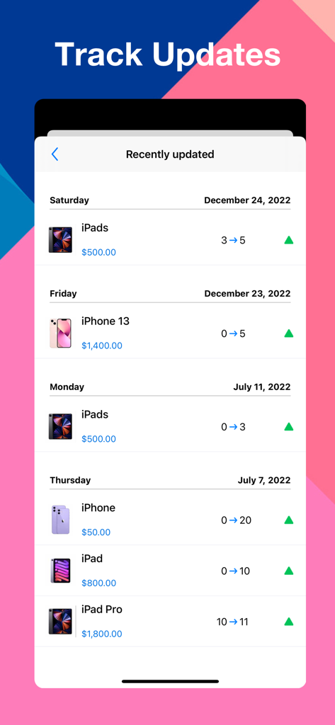 Inventory Easy - Stock Tracker - App interface displaying a chronological log of inventory stock updates and price changes