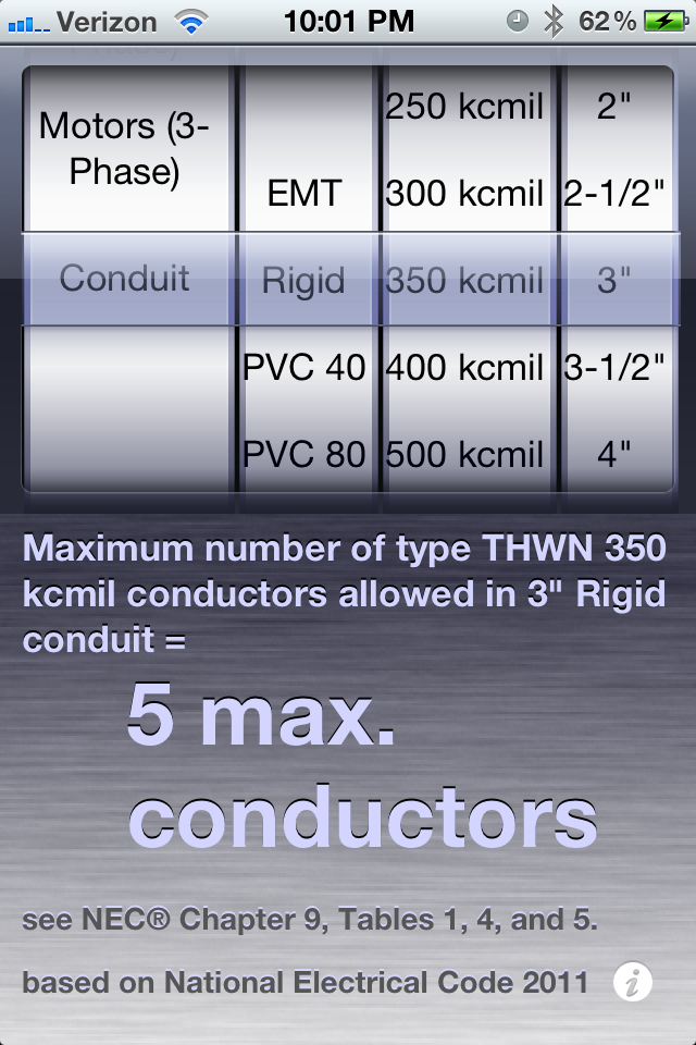 NEC Quick Reference app showing a conduit fill calculation for electrical conductors