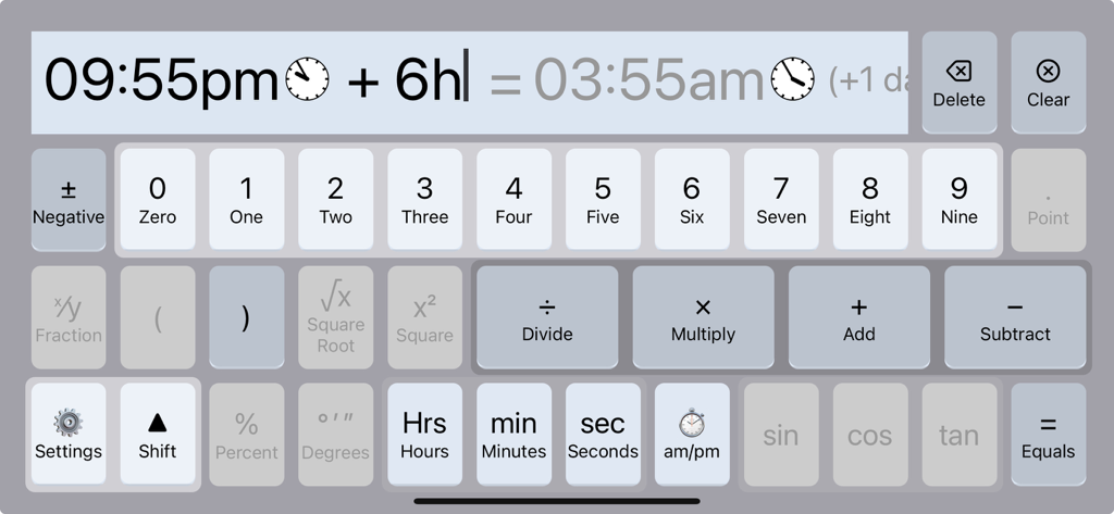 Accessible interface of DysCalculator showing a time addition calculation with labeled numeric and operator keys