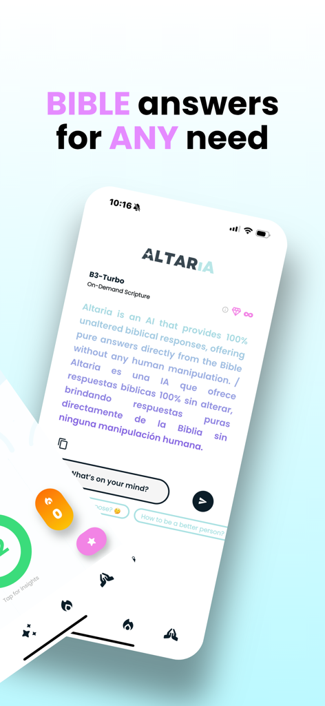 Altaria: AI Bible Soul Tracker - アルタリアアプリのインターフェースで、AI搭載の聖書への回答とスピリチュアルなチャットウィンドウが表示されています。