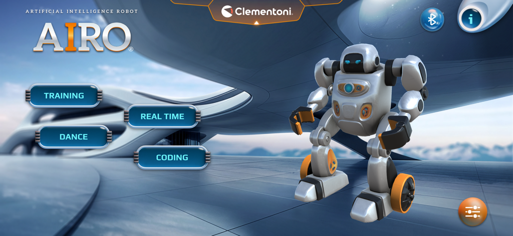 AIRO robot - Hauptmenü der AIRO Roboter App mit Optionen für Training, Echtzeit, Tanz und Programmierung