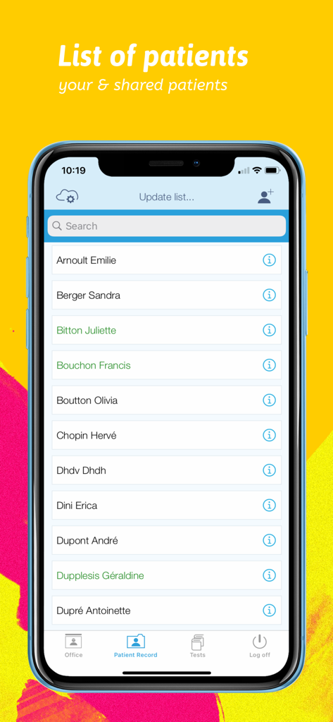 스마트폰 화면에서 검색 가능한 환자 이름 목록을 보여주는 Medicapp Pro 앱 스크린샷.