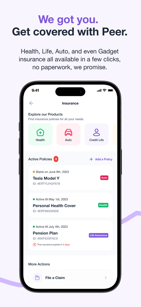 Peer - the everything app. - Peerアプリの保険インターフェース。健康、自動車、生命保険の有効なポリシーが表示されています。