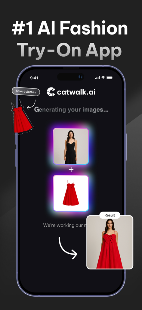 Mobile app interface showing AI virtual try-on of a red dress on a model.