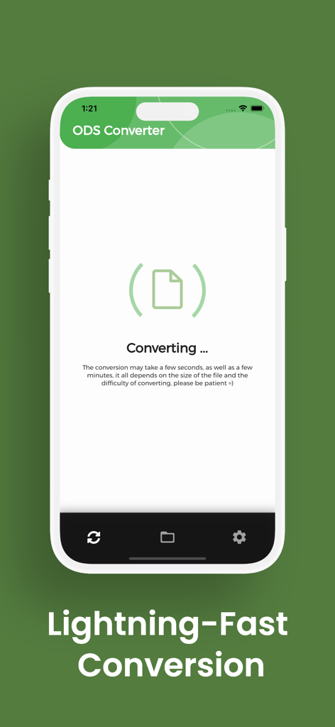 Interfaz de la aplicación ODS Converter mostrando la pantalla de conversión ultrarrápida de archivos