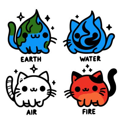 4 cats that represent the different elements, earth, water, air, and fire