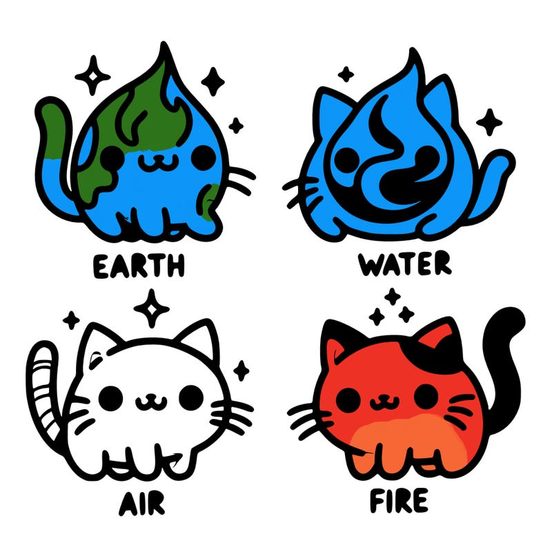 4 cats that represent the different elements, earth, water, air, and fire