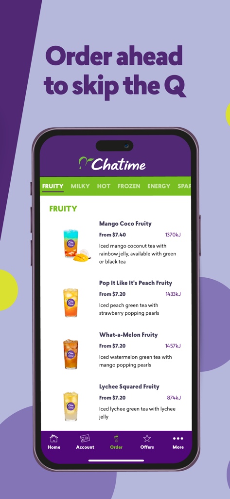 Chatime Australia - Chatime Australiaモバイルアプリのインターフェース。フルーティーなティーのメニューが表示されています。