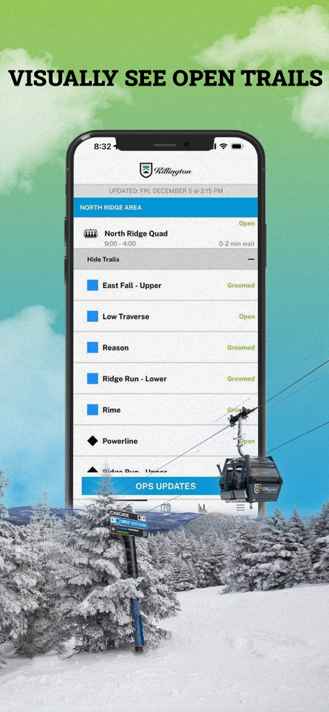 Killington Resort - Killington Resort app showing real time open and groomed trail status for the North Ridge Area