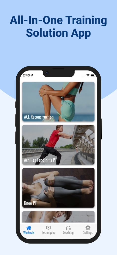 PhysioCare ~  Injury Rehab - Interfaz de la aplicación PhysioCare Injury Rehab que muestra programas de fisioterapia para LCA, tendón de Aquiles y rodilla