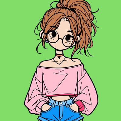 girl with a messy ponytail glasses a baggy crop top and jean shorts