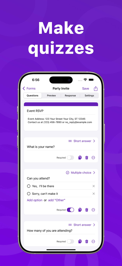 Forms for Google Forms & Drive - Mobile app interface for creating quizzes and RSVP forms in Google Forms