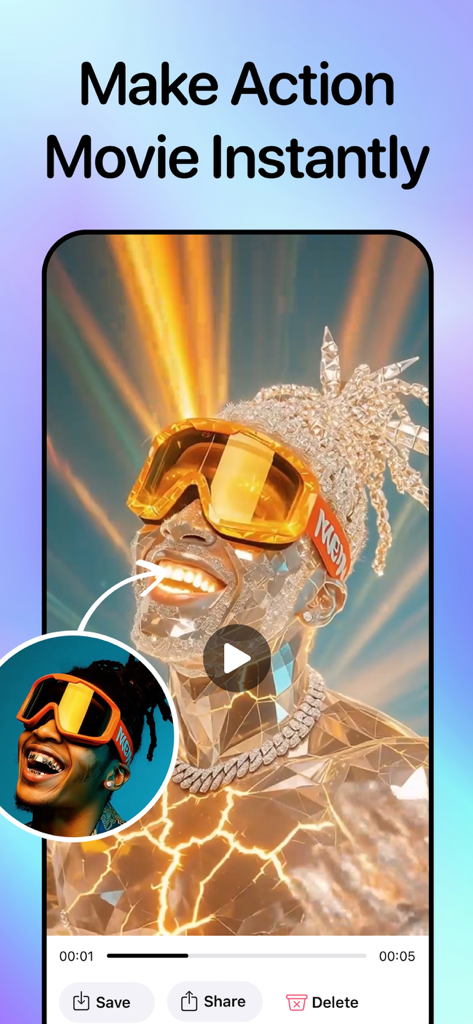 NoX Effect: AI Video Generator - NoX Effect app interface showing an AI action movie transformation with glowing effects