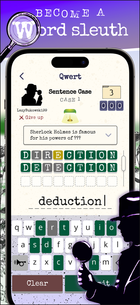 Qwert - The Typing Word Game - A mobile phone displaying the Sentence Case mode in the Qwert word game with a vintage detective theme and a Sherlock Holmes word puzzle.