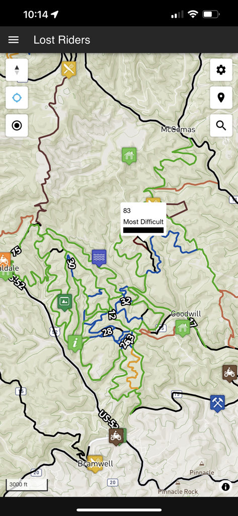 Lost Riders - Offroad navigation map showing trail routes and difficulty levels in the Lost Riders app