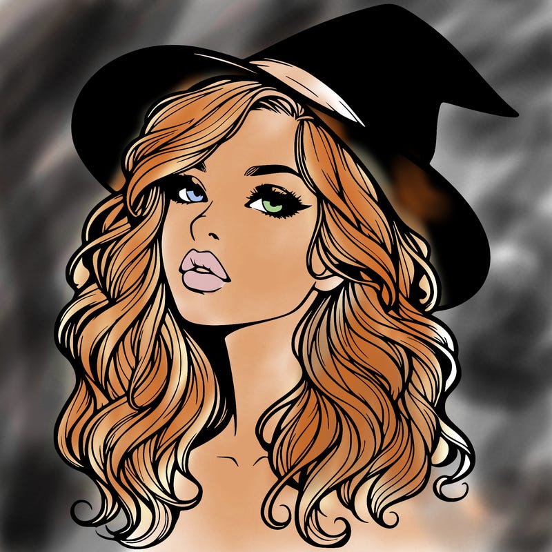 realistic witch girl with wavy hair and lips