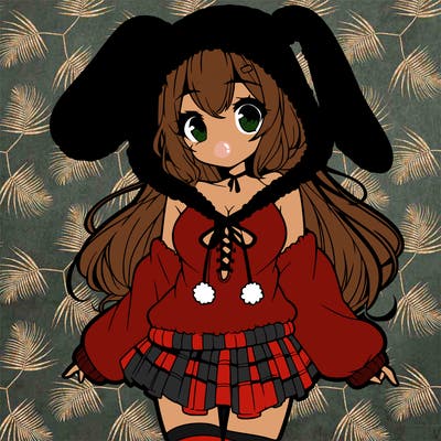 pretty anime girl wearing a fluffy hoodie with bunny ears on the hood and a skirt