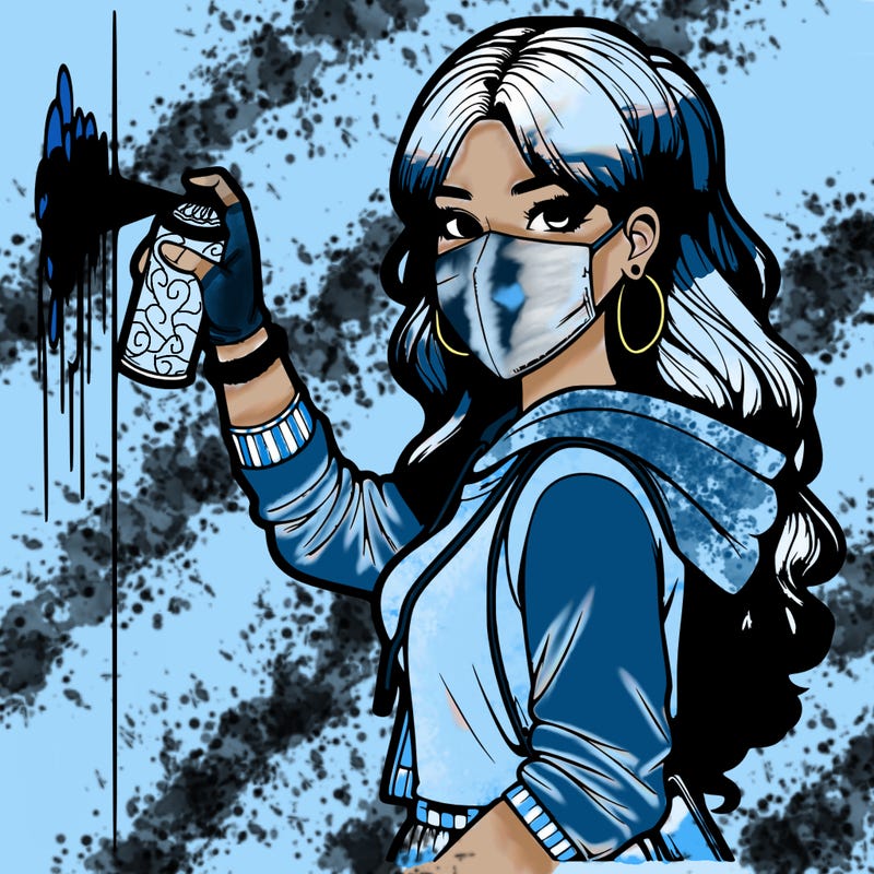 realistic girl with mask spray painting a wall