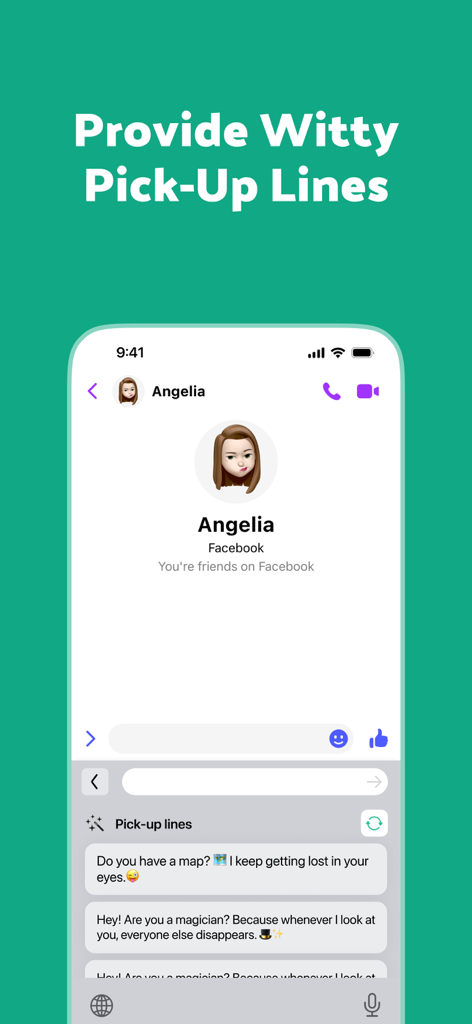 RizzKey -AI Emoji Keyboard - Interfaz del teclado IA RizzKey mostrando sugerencias de ingeniosas frases para ligar para conversaciones en apps de citas.