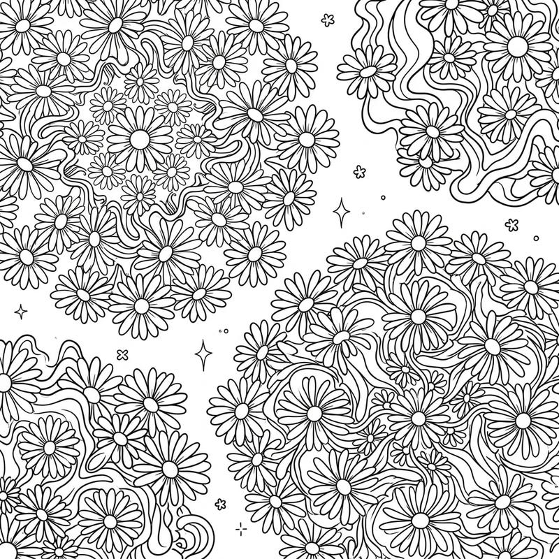 Experience a truly unique coloring journey with this mesmerizing psychedelic daisy mandala. Its intricate floral patterns and swirling lines offer a captivating blend of nature and artistic expression, perfect for unwinding.