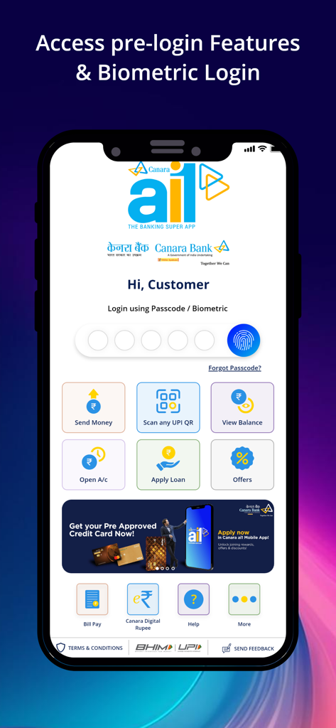 Canara ai1 mobile banking app login screen showing biometric login and pre login features