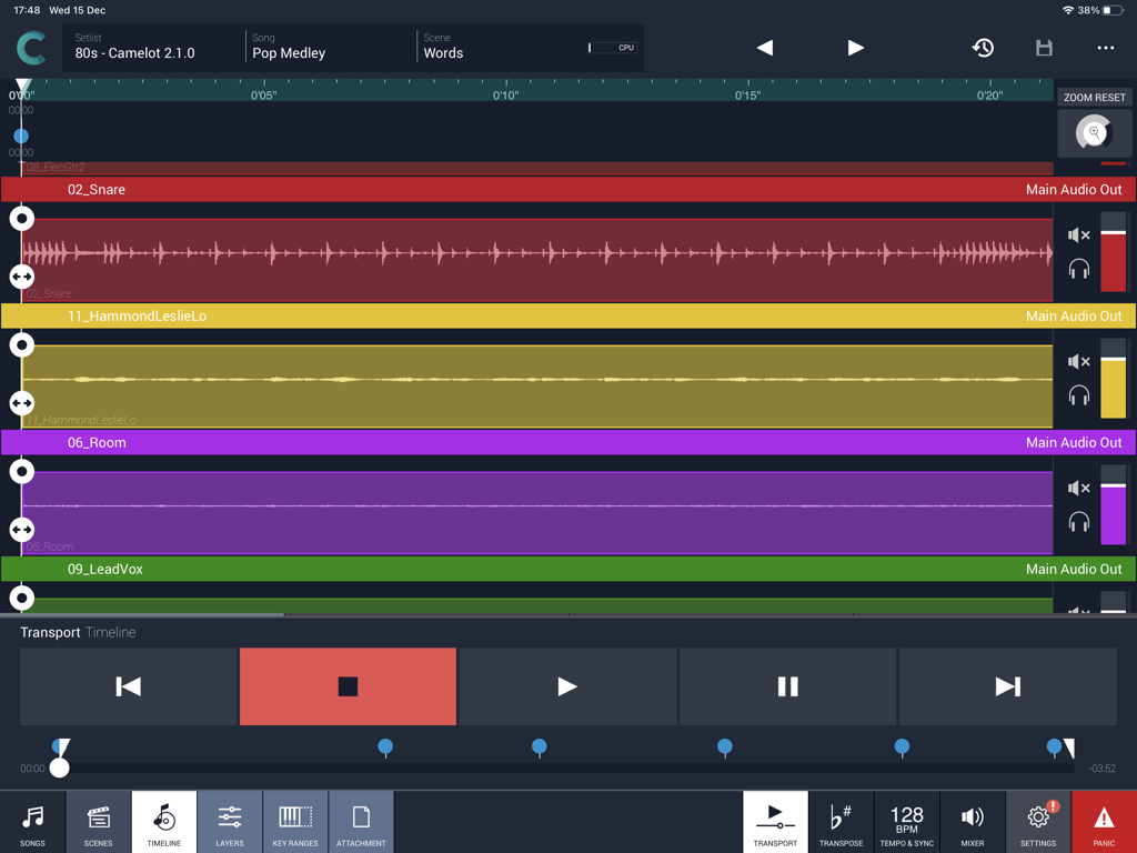 Camelot Pro - Vista de la línea de tiempo de audio multipista de Camelot Pro en iPad para actuaciones de música en vivo