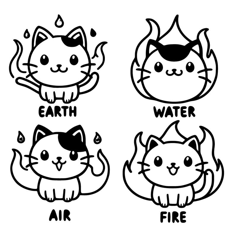 4 cats that are the 4 elements, earth, water, air, fire