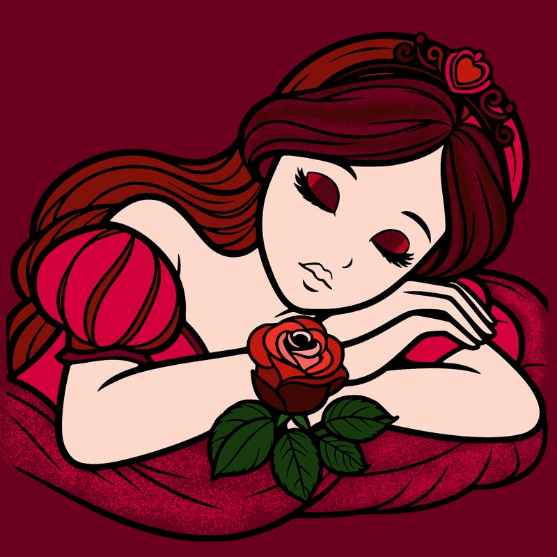 a fairytale princess sleeping with her hands crossed on her chest and a rose on her chest realistic