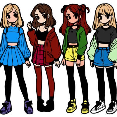 one girl with crop-top shirt and a jacket with a skirt, long socks and another girl with a shirt and pants with a jacket
