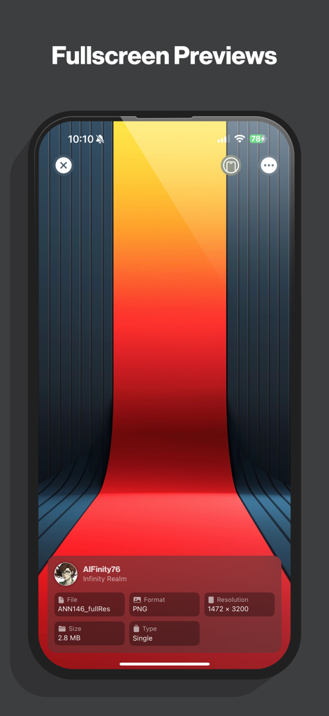 Show Walls - Vista previa a pantalla completa de un fondo de pantalla abstracto de alta resolución en la aplicación Show Walls que muestra detalles del creador y especificaciones del archivo.