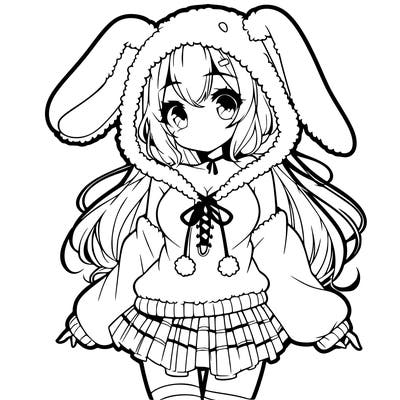 pretty anime girl wearing a fluffy hoodie with bunny ears on the hood and a skirt