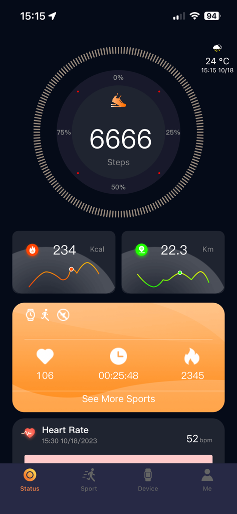 CO-FIT - Dashboard dell'app mobile CO-FIT che mostra passi giornalieri, calorie, distanza e monitor della frequenza cardiaca
