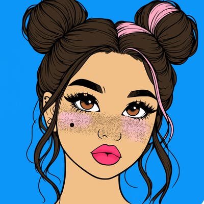 realistic girl with two buns on her hair and lips