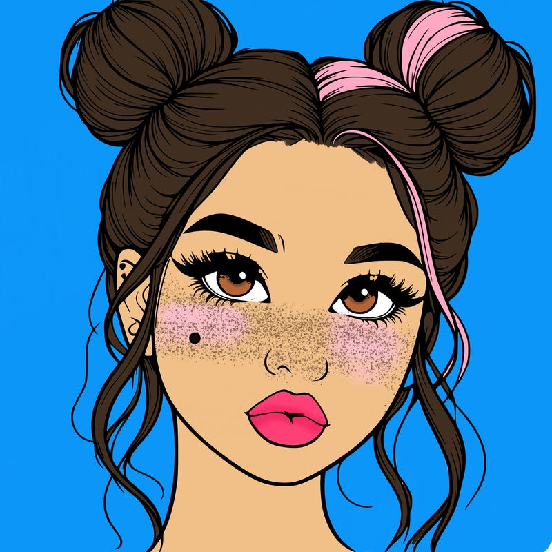 realistic girl with two buns on her hair and lips