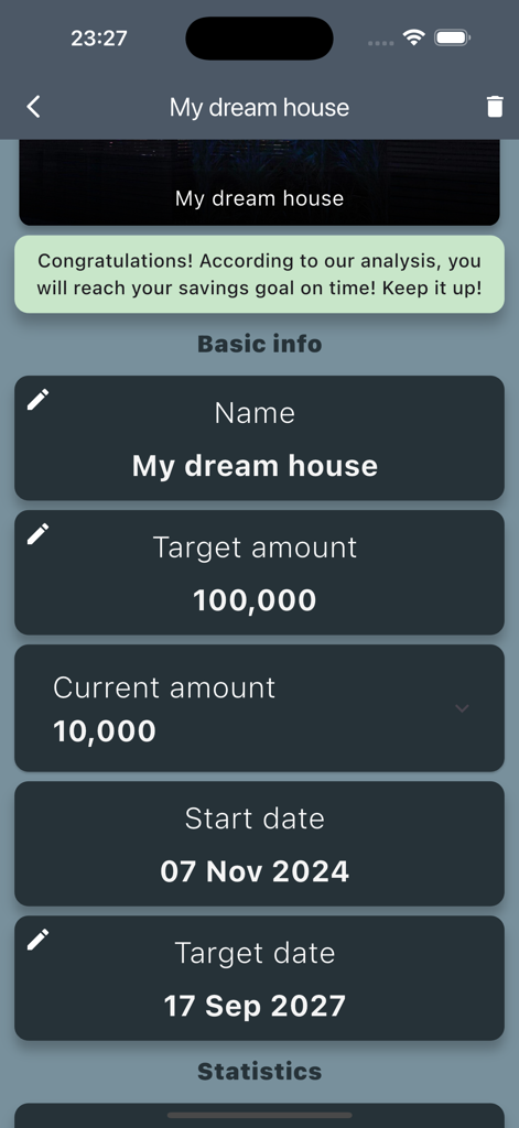 Smart Moneybox–Savings Tracker - Interface of Smart Moneybox app showing a savings goal for a dream house with target amount and date