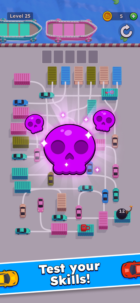 Drive Quest mobile game screenshot showing a car sorting puzzle level with colorful vehicles and containers