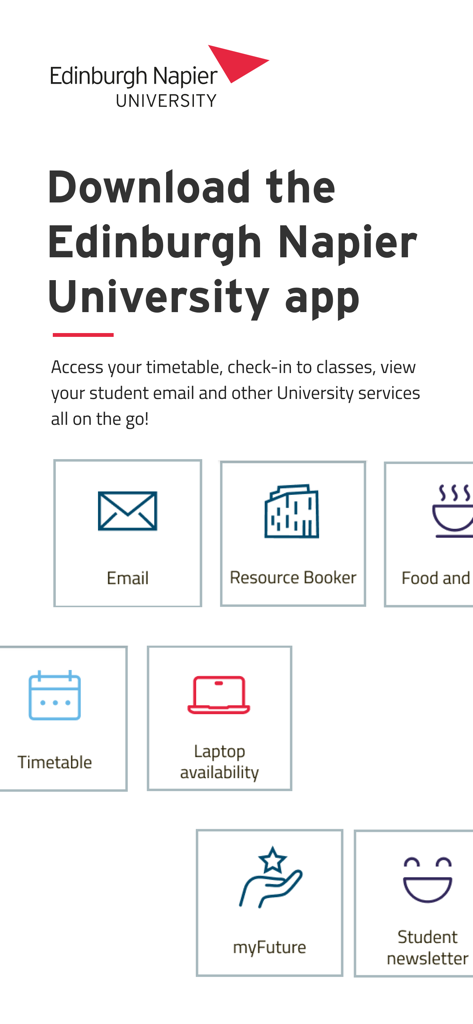 Promotional screen for the Edinburgh Napier University app highlighting features like timetable and student email