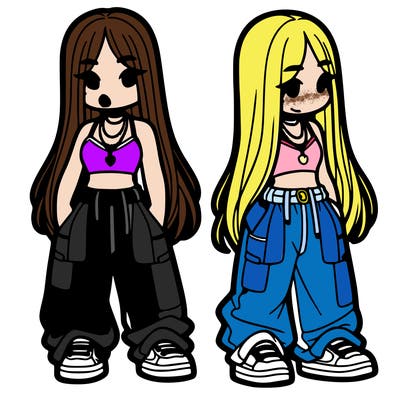 girl in baggy pants crop top and long hair