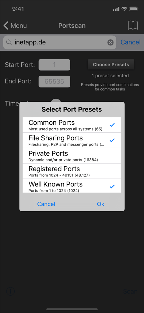 iNet Pro - Network Scanner - Port scan preset selection menu in the iNet Pro app