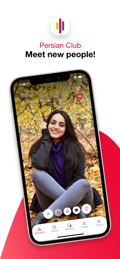 Persian Club - Interface of the Persian Club app showing a profile of a young woman on the discover tab