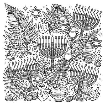 Discover a unique Hanukkah coloring experience where lush giant ferns meet traditional symbols. This intricate design features menorahs, dreidels, and festive elements, perfect for celebrating the Festival of Lights.